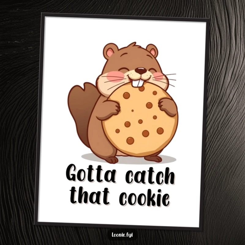 Funny poster featuring a beaver comically struggling to bite a giant maple cookie, a hilarious kitchen or office decoration.