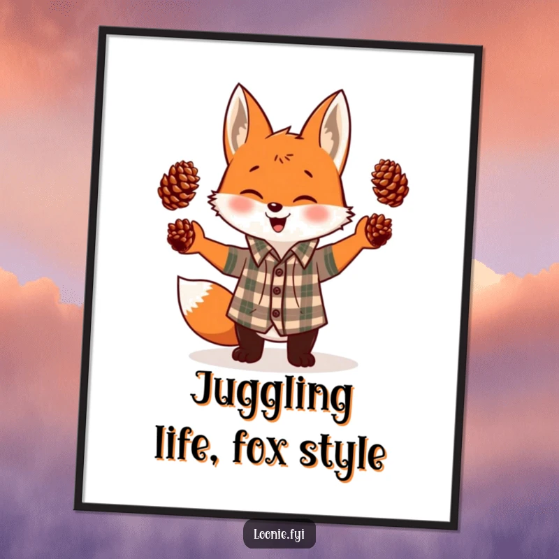 Funny poster art of a giggling fox wearing a plaid shirt, expertly juggling three pinecones, a vibrant and humorous wall decoration.