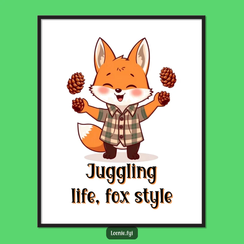 Funny Giggling Fox Juggling Pinecones Plaid Art Print - Hilarious Decor