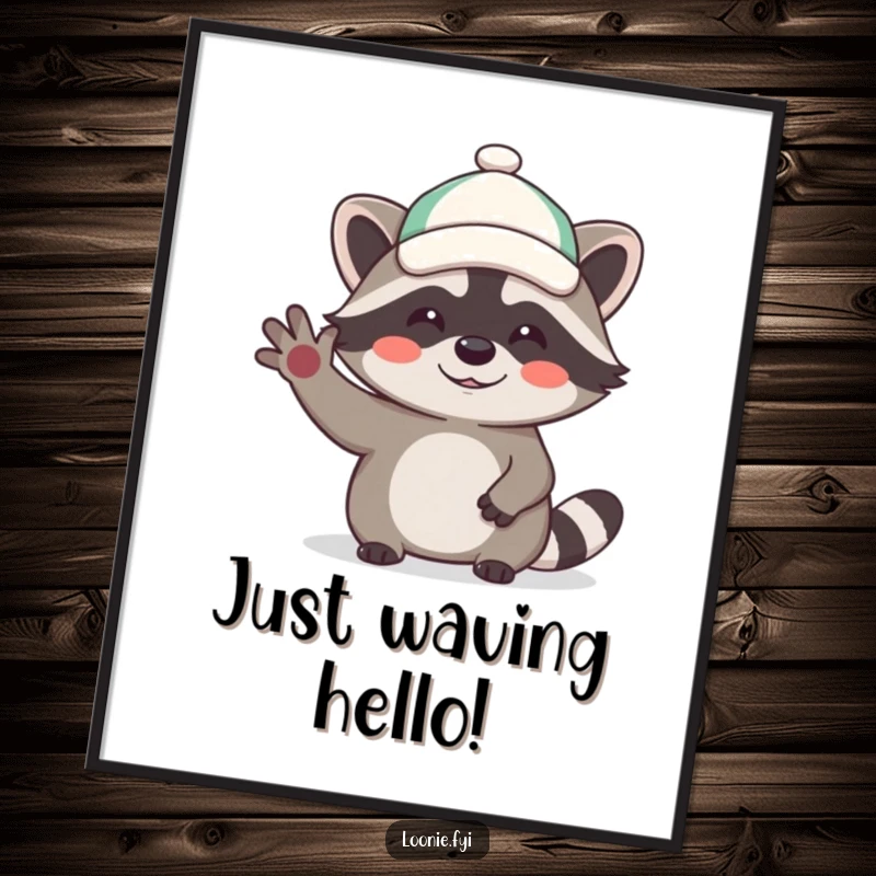 Funny poster art of a cute, giggling raccoon wearing a small hat, waving hello with a joyful expression, ideal for humorous wall decor.