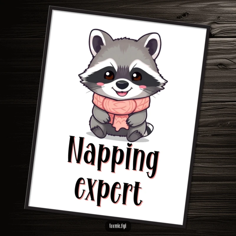 Funny Raccoon Poster: A grinning raccoon sporting a small knitted scarf, presented as cheerful wall art with a humorous touch.