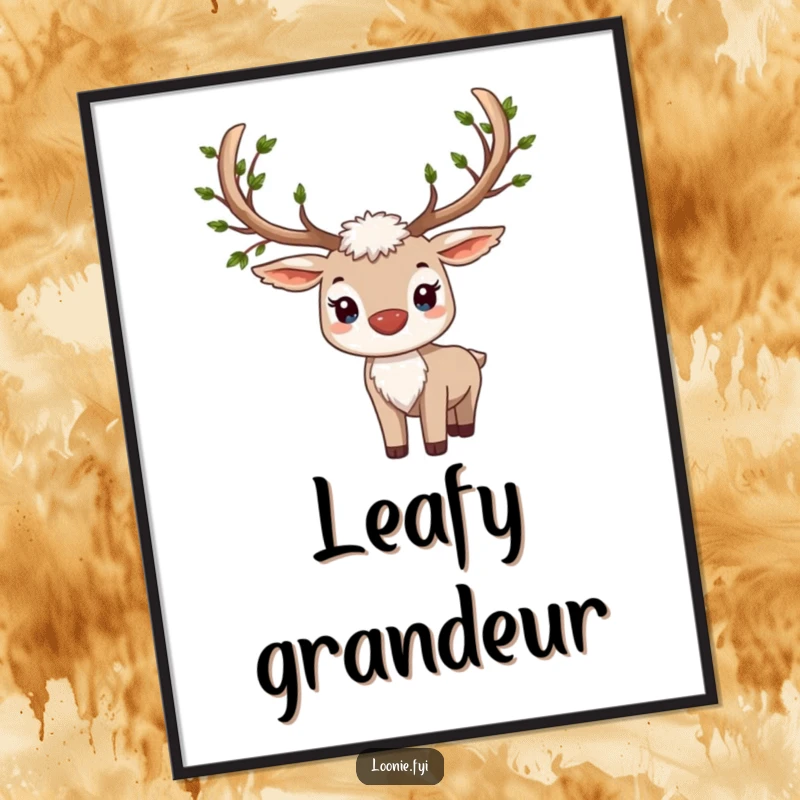 Funny poster art of a proud caribou with magnificent antlers, intricately detailed with small, fresh green leaves.
