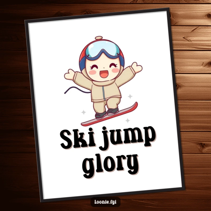 Funny poster art of a smiling character mid-air during a triumphant ski jump, capturing the excitement of winter sports.