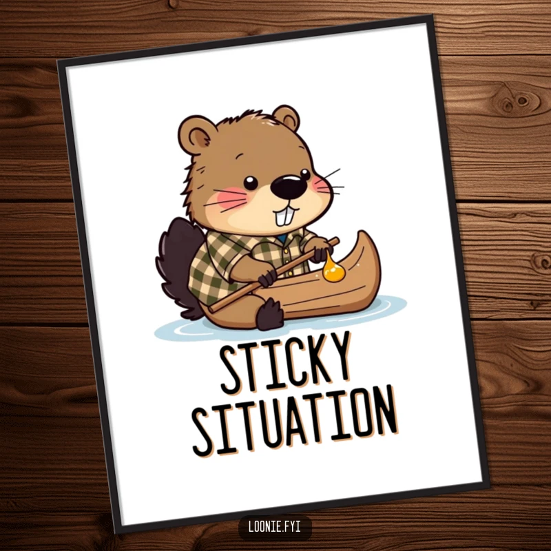 Funny poster depicting a beaver in a plaid shirt, struggling to build a canoe out of flowing maple syrup.