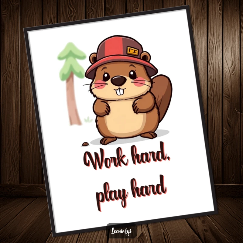 Funny poster art of a beaver in a lumberjack hat, actively chopping wood, conveying a humorous take on hard labor and determination.