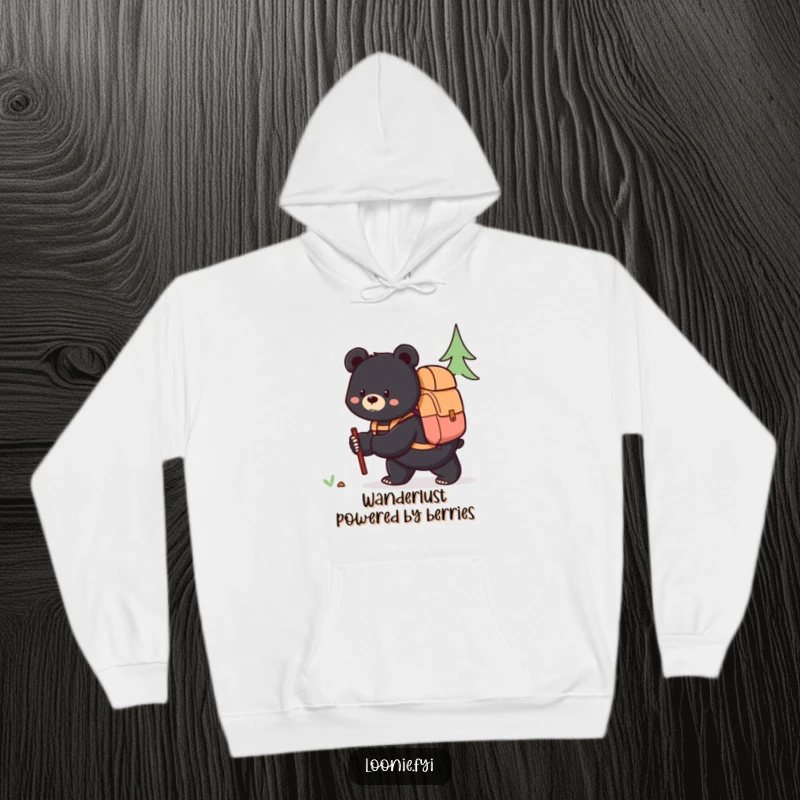 Funny hoodie featuring a content black bear wearing a backpack, ready for exploration, offering warmth and a touch of wilderness charm.