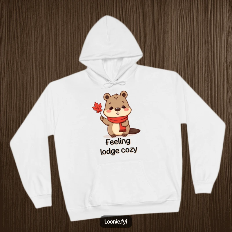 Funny Hoodie: A cute beaver wearing a red scarf waves a maple leaf, offering warmth and Canadian spirit.
