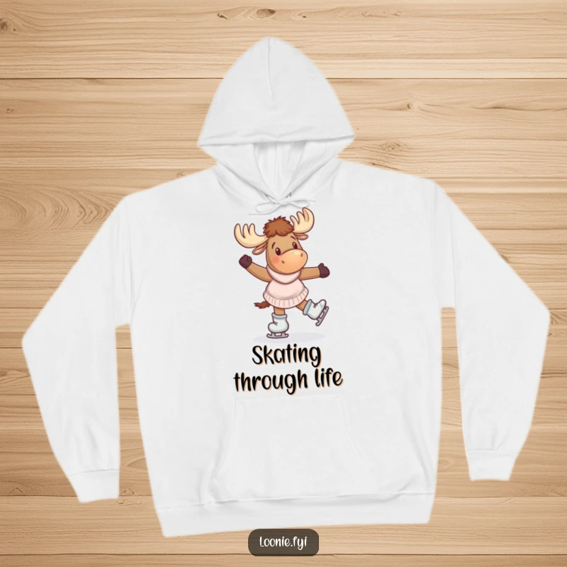 Funny Hoodie: A cheerful moose wearing skates twirls with glee, exuding playful energy and winter fun.