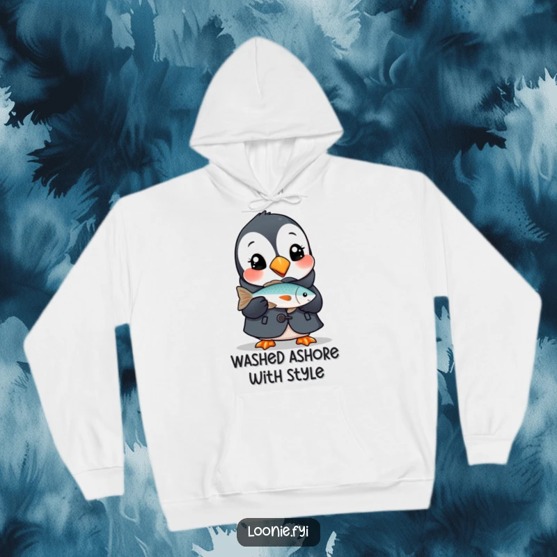 Funny hoodie featuring a delighted puffin dressed in a tiny coat, holding a fish, providing warmth and whimsical charm.
