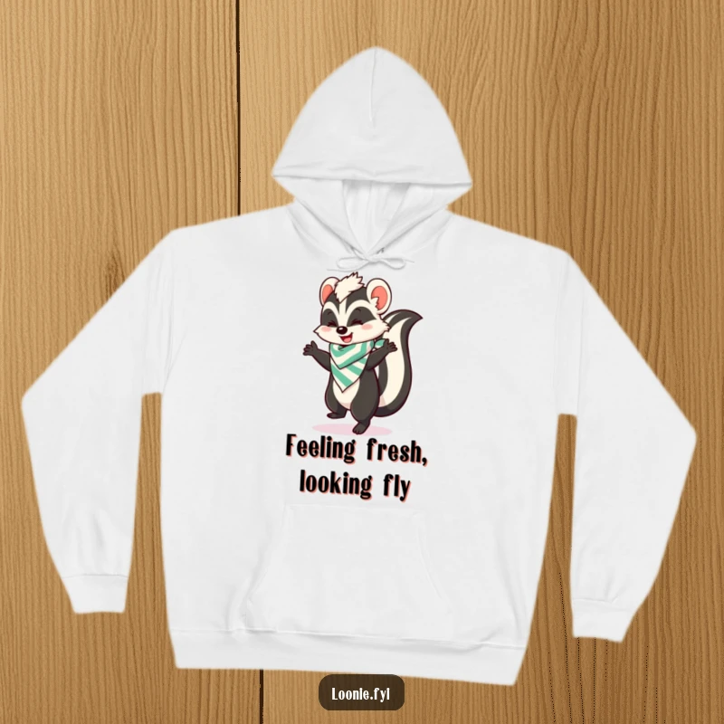 Funny hoodie featuring a skunk in a stripey bandana, caught mid-happy dance, radiating infectious joy and playful charm.