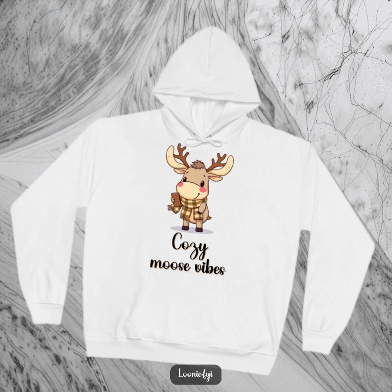 Funny Hoodie: A delighted moose with large antlers wears a checkered scarf, embodying cozy winter style.