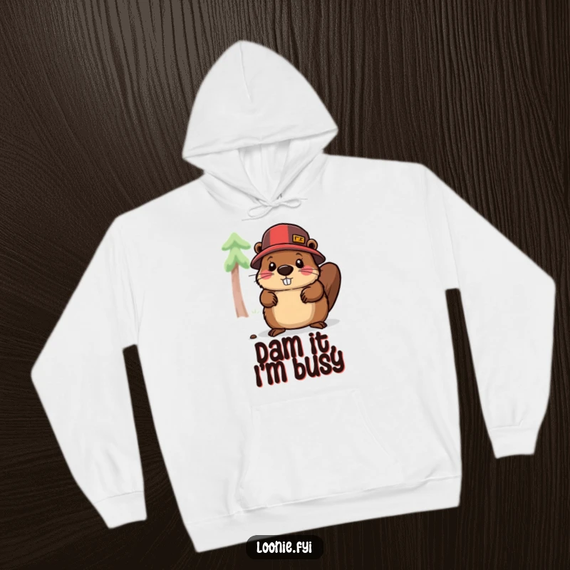 Funny hoodie featuring a beaver in a lumberjack hat, diligently chopping wood, combining warmth with a humorous and hardworking theme, cozy apparel.