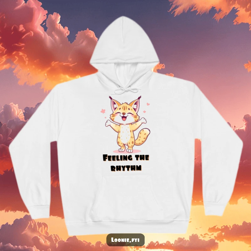 Funny hoodie featuring a joyful lynx performing a happy jig, designed for warmth and infectious feline dance fun.