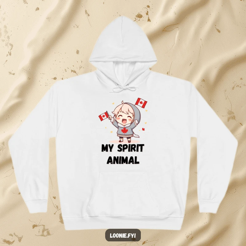 Funny Hoodie: Excited character proudly holds a Canadian flag and cheers, offering cozy comfort and patriotic joy. Excellent funny gift.