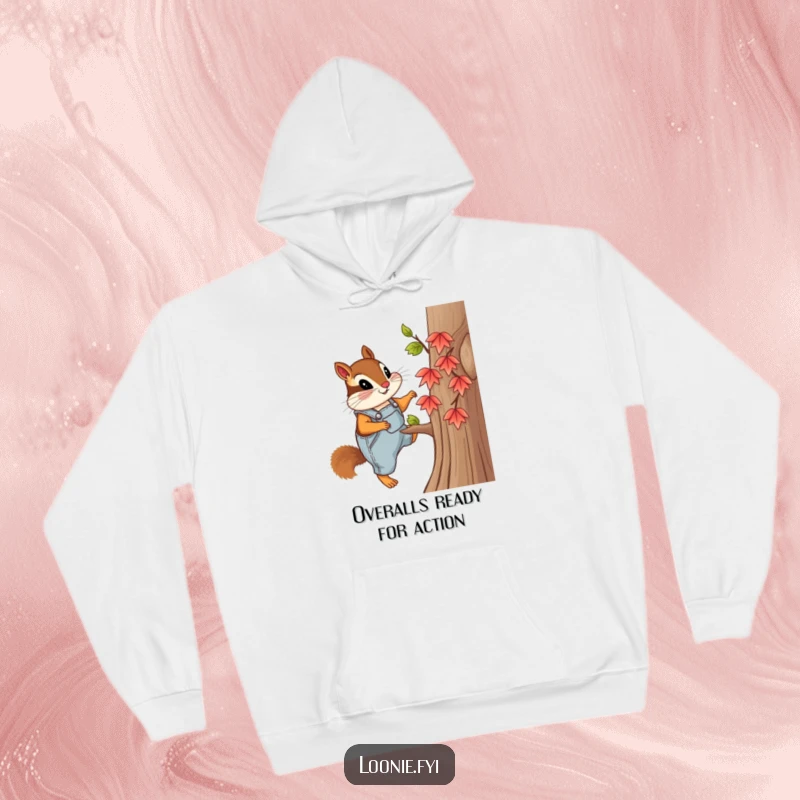 Funny hoodie featuring a curious chipmunk in overalls, climbing a tiny maple tree, offering warmth and a touch of adventurous humor.