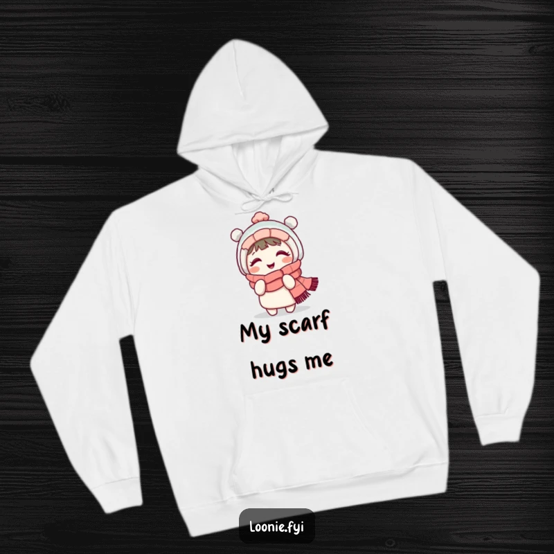 Funny cozy hoodie featuring a giggling character wrapped in a warm scarf, playfully shivering, perfect for cold weather fun.