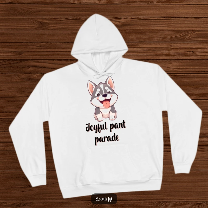 Funny hoodie featuring a small husky dog with a wide, happy grin and panting breath, a cozy symbol of joy.