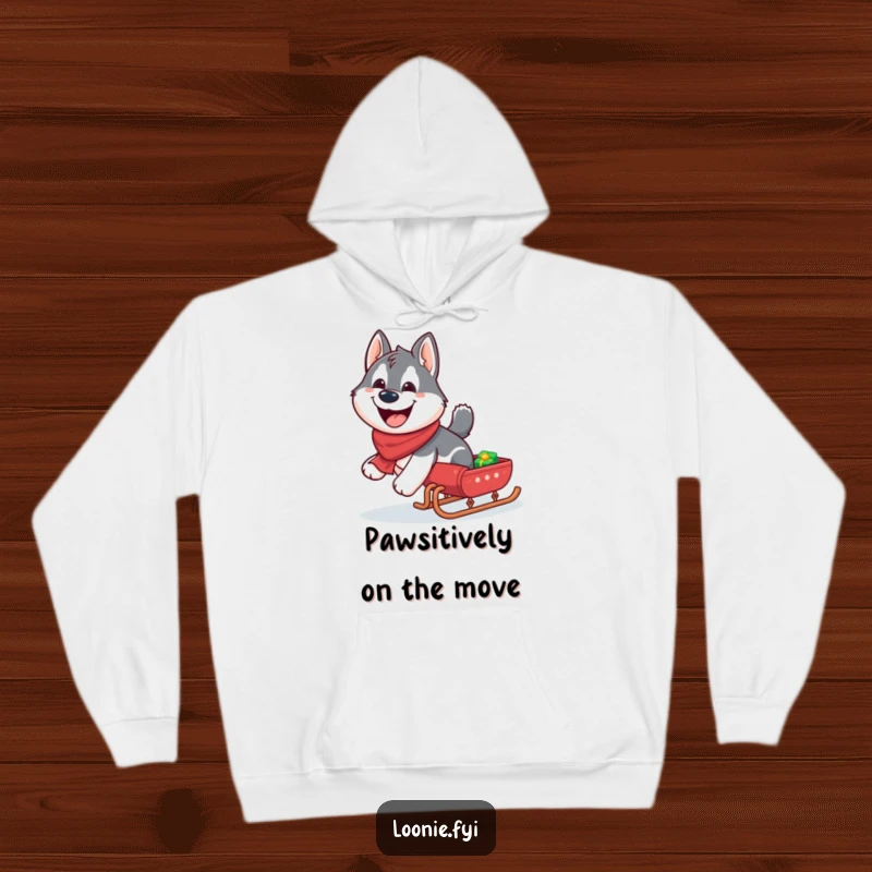 Funny Husky Hoodie: Giggling husky pulling a miniature sleigh with a wide grin, warm and cozy.