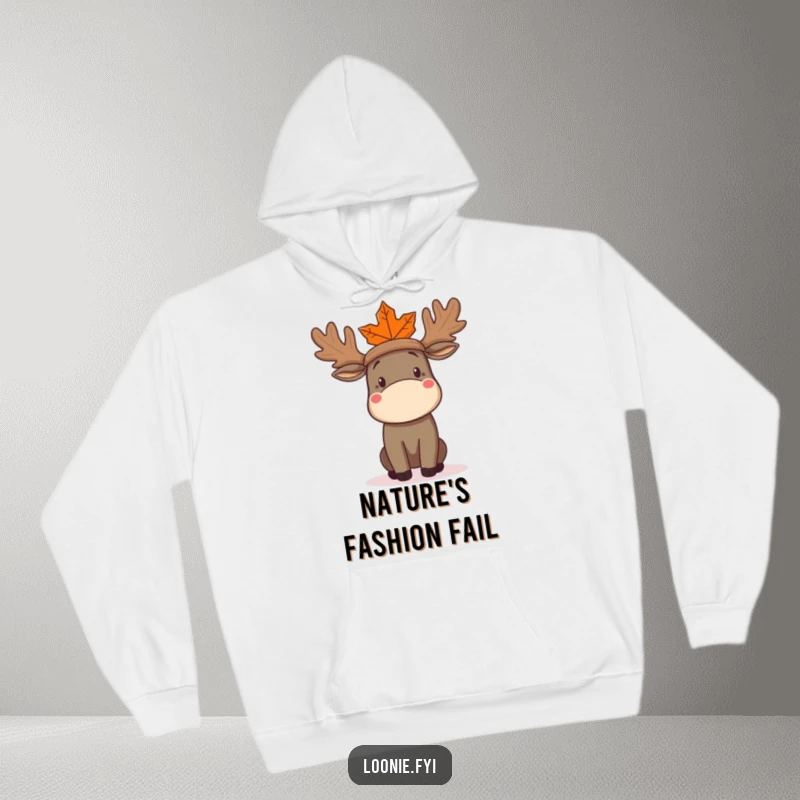Funny Moose Hoodie depicting a confused moose attempting to wear a maple leaf as a hat, combining warmth and whimsical humor.