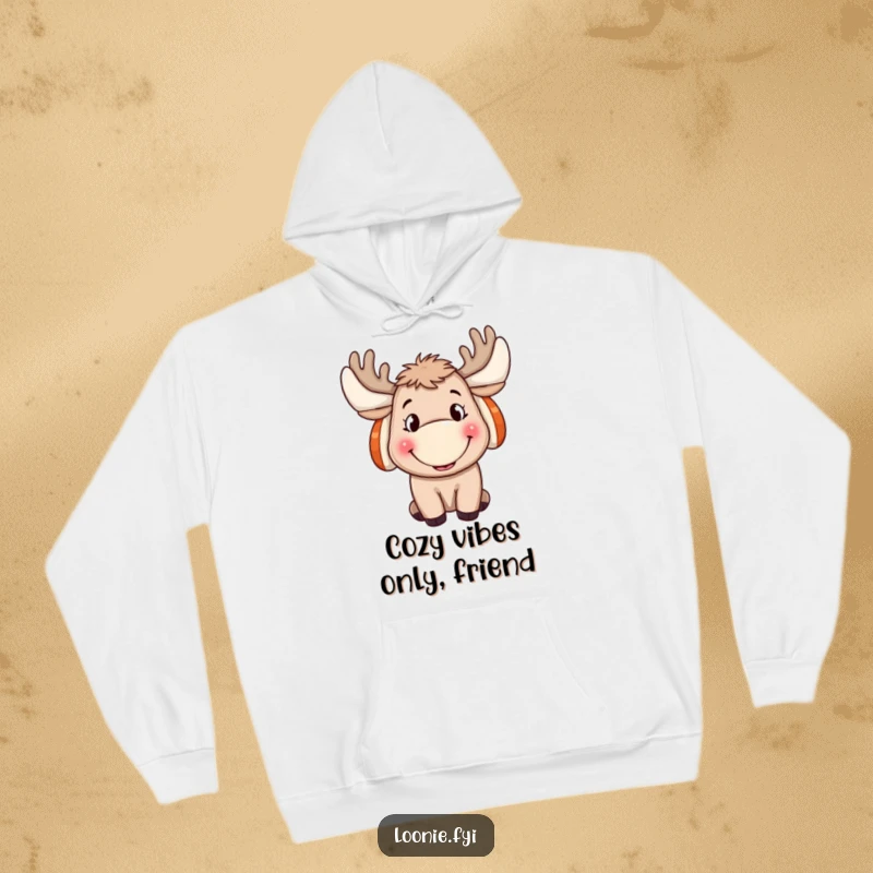 Funny Moose Hoodie: A warm, cozy hoodie featuring a grinning moose in ear muffs, a perfect funny gift for winter.