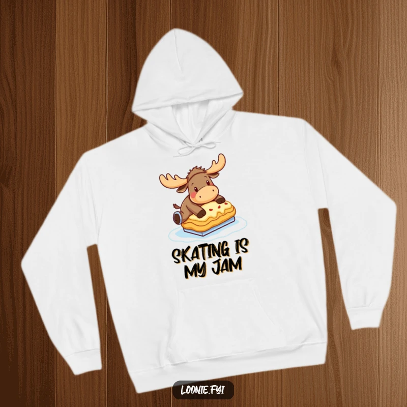 Funny Moose Hoodie: A moose hilariously attempts to ice skate on a frozen poutine, captured in a cozy, humorous design.