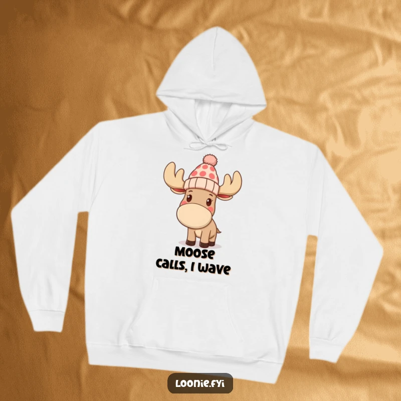 Funny hoodie featuring a moose in a toque waving, offering warmth and a humorous, friendly greeting, ideal for cozy, casual wear.