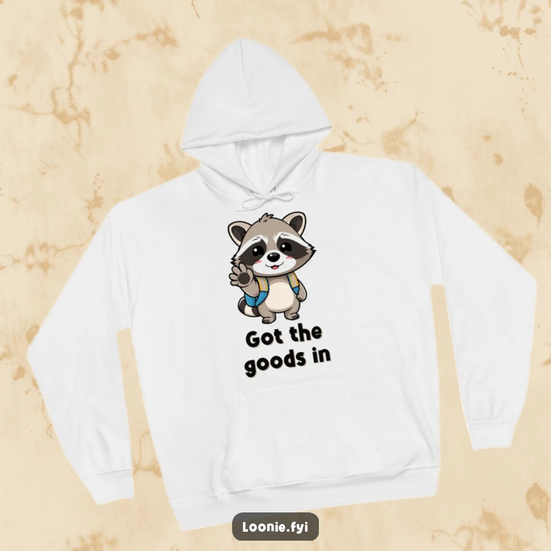 Funny hoodie featuring a cheerful raccoon wearing a backpack and winking with its paw, offering warmth and a dose of humor.