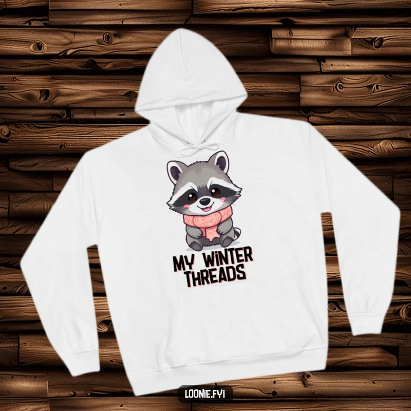 Funny Raccoon Hoodie: A cute, grinning raccoon wearing a knitted scarf, offering warmth and heaps of personality for screen readers.