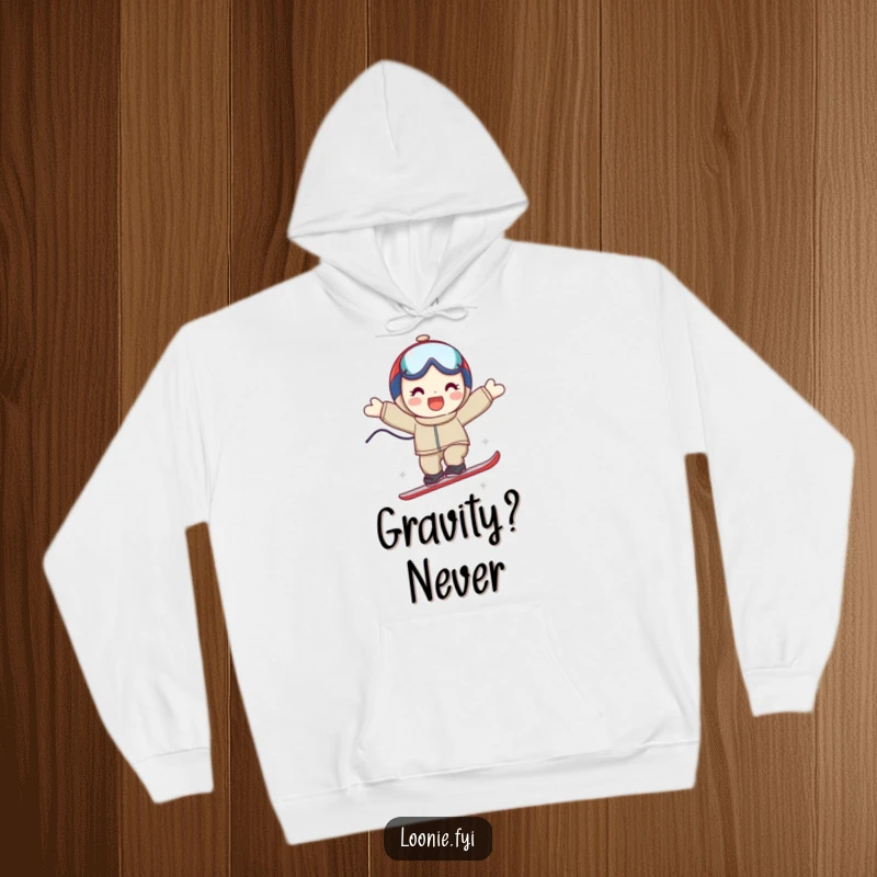 Funny cozy hoodie with a smiling character in mid-air during a triumphant ski jump, designed for warmth and motivation.