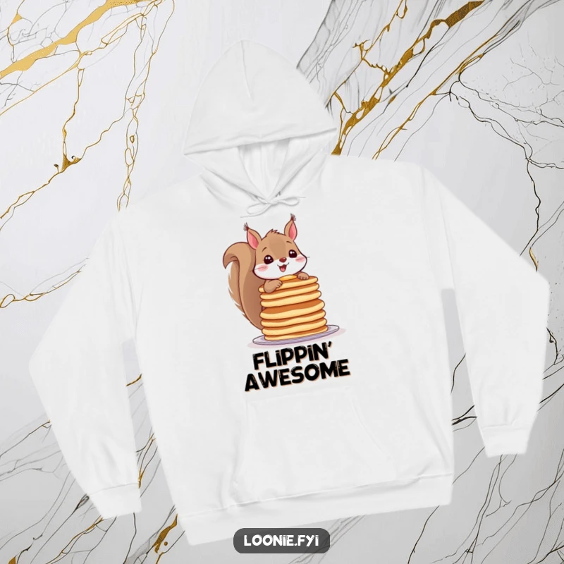 Funny hoodie with a squirrel expertly balancing a stack of pancakes, showcasing its impressive and humorous breakfast skills.