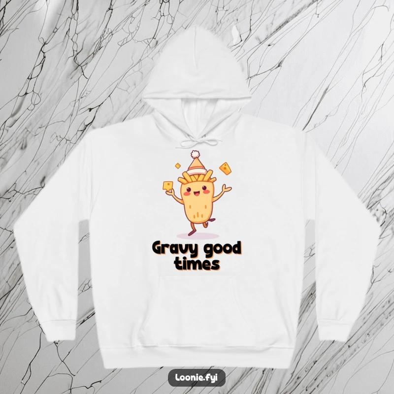 Funny Poutine Hoodie depicting a dancing poutine creature in a toque juggling cheese curds, combining warmth and food-themed humor.