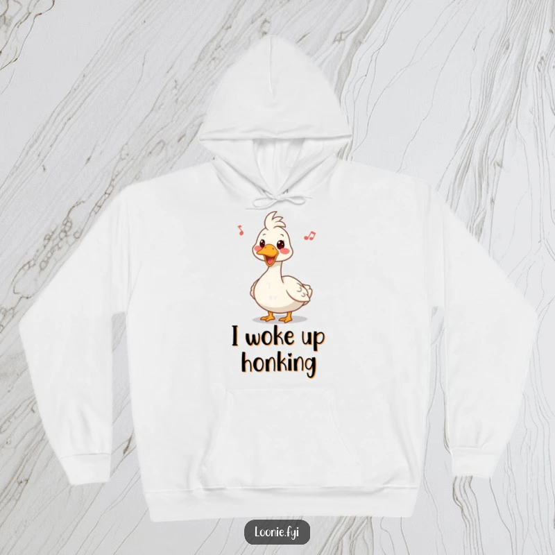 Funny hoodie with a Canadian goose sporting a funny expression while honking a happy tune, perfect for cozying up.