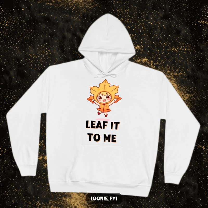 Funny hoodie featuring a maple leaf character in a costume, performing a joyful hop, perfect for cozy, humorous, and seasonal enjoyment.