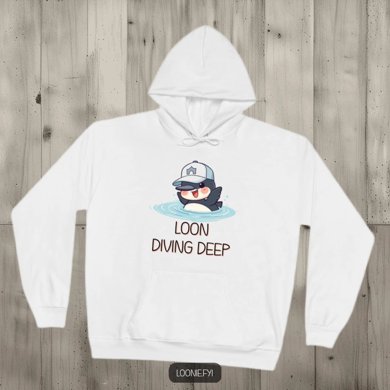 Funny Hoodie: A cheerful loon sporting a baseball cap dives into water, embodying playful and cozy spirit.