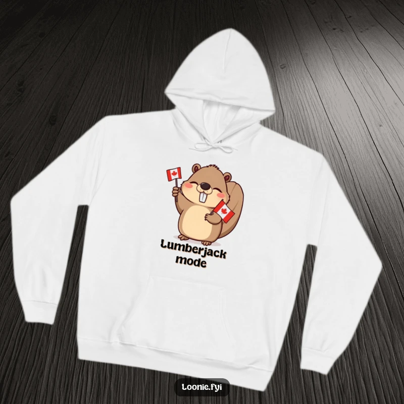 Funny Beaver Hoodie: A winking beaver enthusiastically waving a Canadian flag, offering warmth and a hearty dose of national pride.