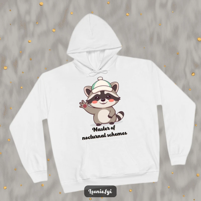 Funny hoodie depicting a happy, giggling raccoon character wearing a small cap and waving a friendly hello, radiating pure delight.