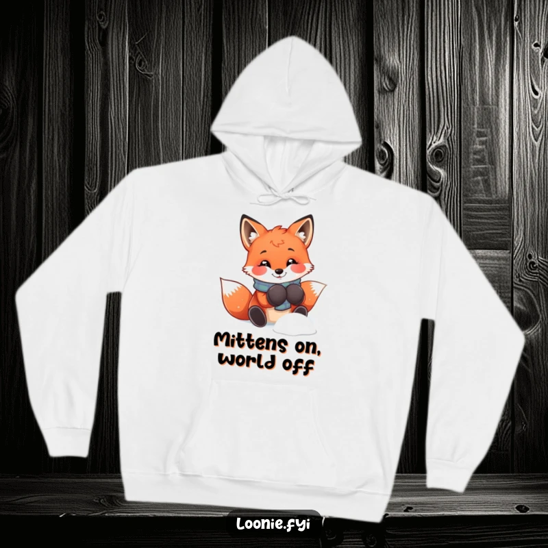 Funny fox in mittens, ready for snowy adventures, offering cozy comfort and playful charm in this hoodie.