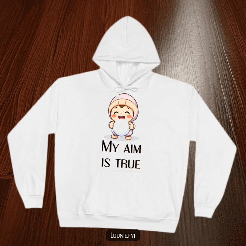 Funny cozy hoodie with a smiling character initiating a friendly snowball fight, designed for warmth and winter fun.
