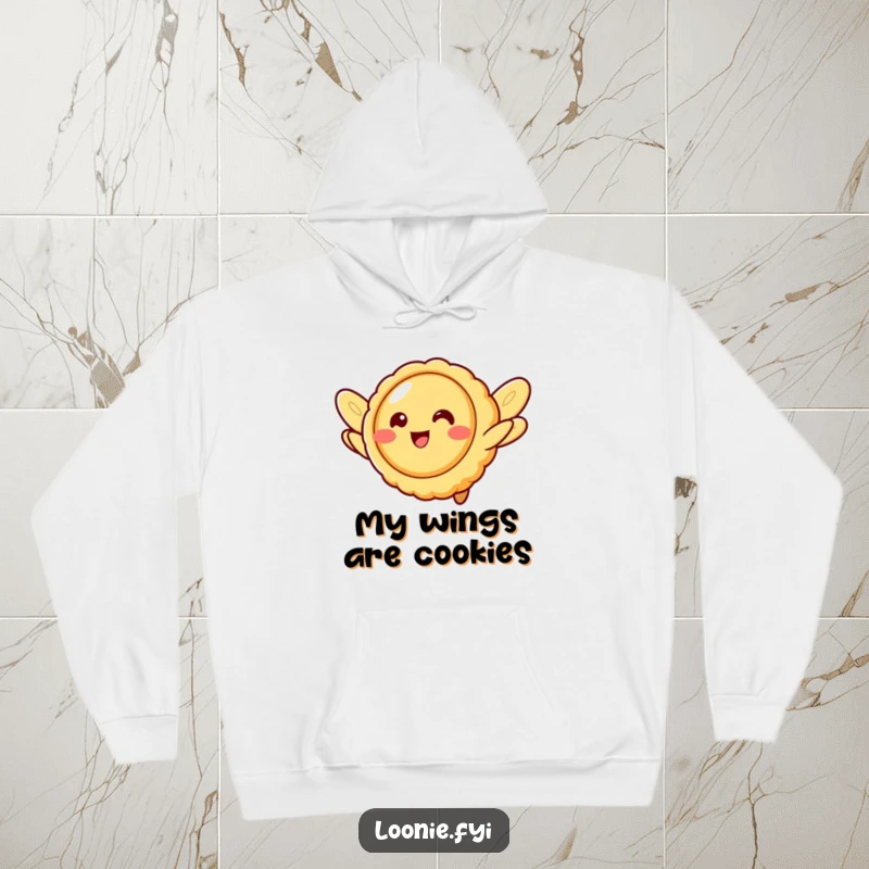 Funny butter tart character with cookie wings, attempting aerial maneuvers, a cozy hoodie design for sweet dreams.