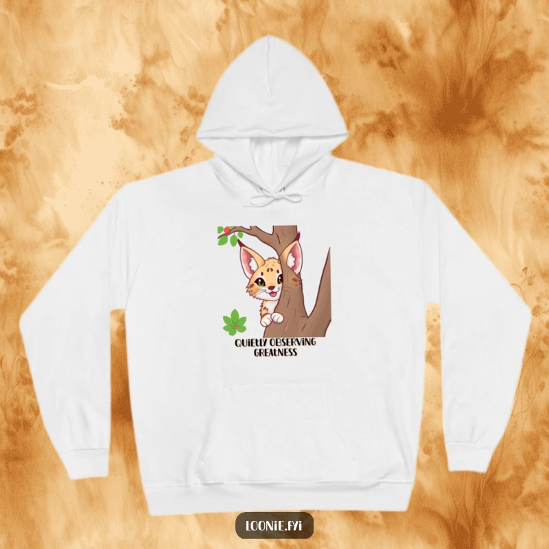 Funny hoodie featuring a happy lynx with large ears, peeking from behind a tree, offering warmth and a touch of forest enchantment.