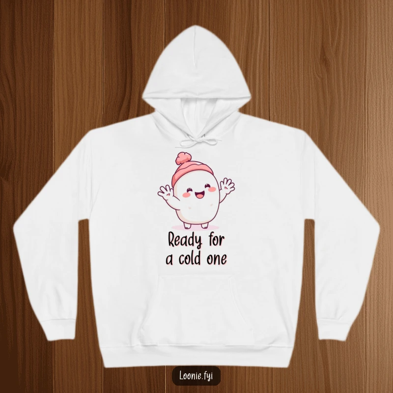Funny hoodie depicting a happy toque character warmly waving, embodying cozy and cheerful vibes.