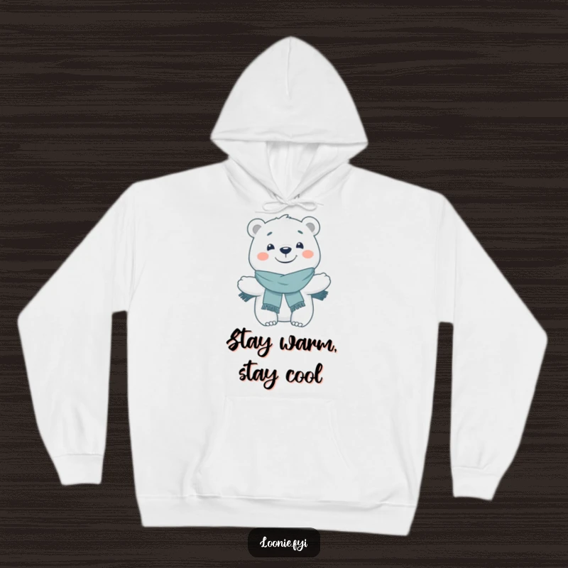 Funny Hoodie: A cheerful polar bear with a wide, friendly grin, wrapped in a cozy scarf, ready for winter fun.