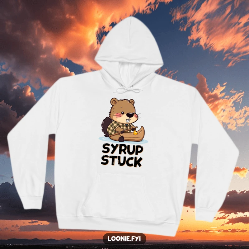Funny hoodie depicting a beaver in a plaid shirt, hard at work creating a canoe from maple syrup.