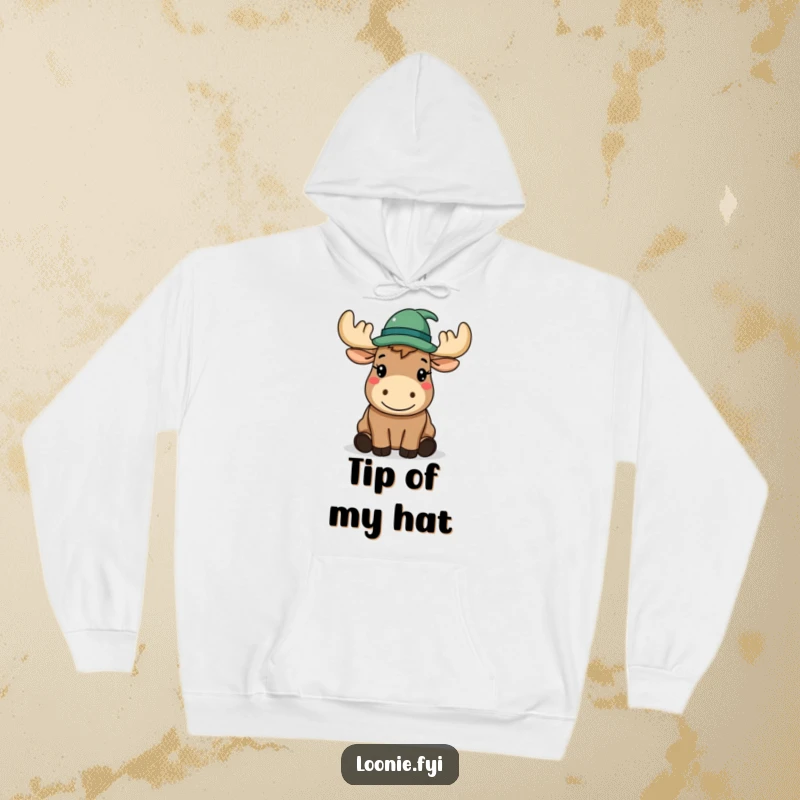 Funny Hoodie: A happy moose wearing a hat politely tips it, offering cozy warmth and distinguished style.