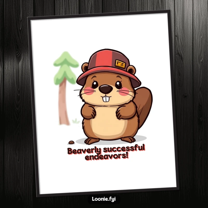 Funny Free Printable Wall Art: A determined beaver in a lumberjack hat chopping wood with a friendly expression.