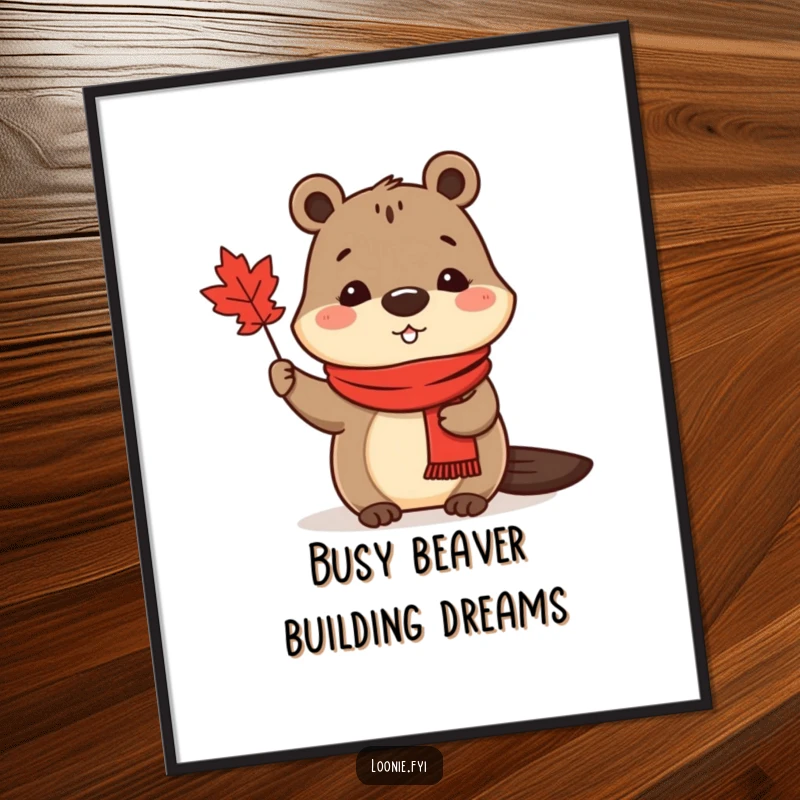 Funny Free Printable Wall Art: A cute beaver in a red scarf cheerfully waves a tiny Canadian maple leaf.