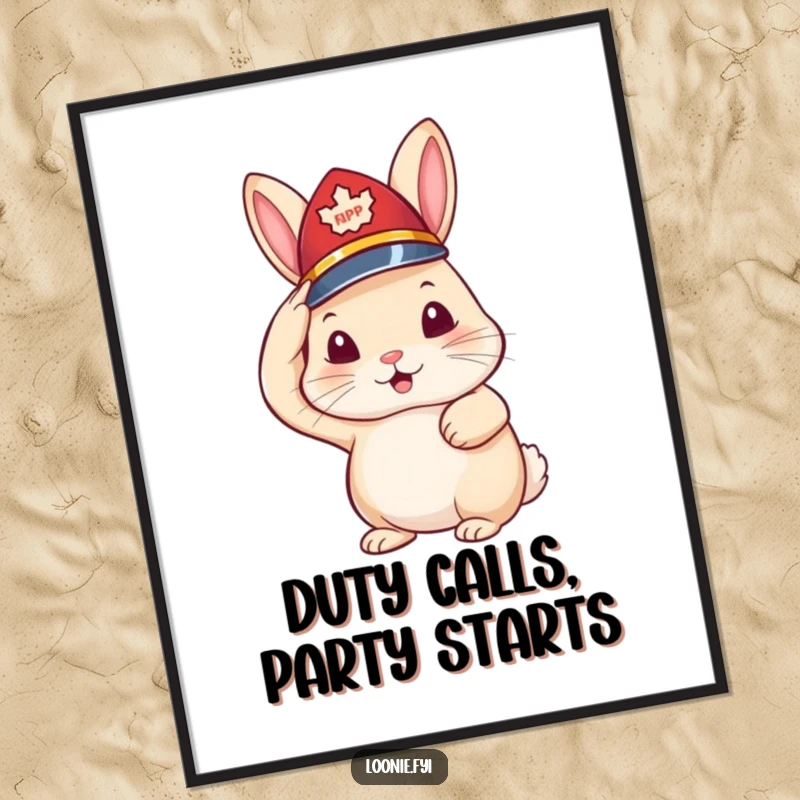 Funny Free Printable Wall Art: Little rabbit wearing a tiny RCMP hat and saluting proudly, whimsical downloadable decor.