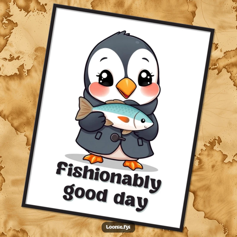 Funny Free Printable Wall Art: A delighted puffin in a tiny coat proudly presents a fish, radiating seaside joy.