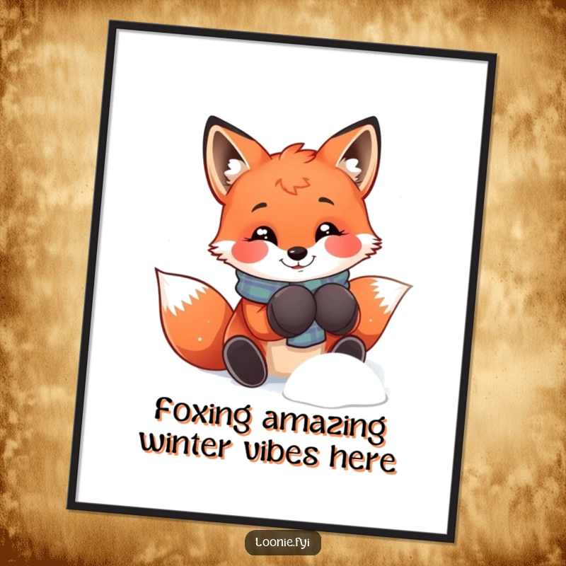 Funny Free Printable Fox Wall Art: A smiling red fox wearing mittens, joyfully playing in the snow, bringing downloadable winter charm.