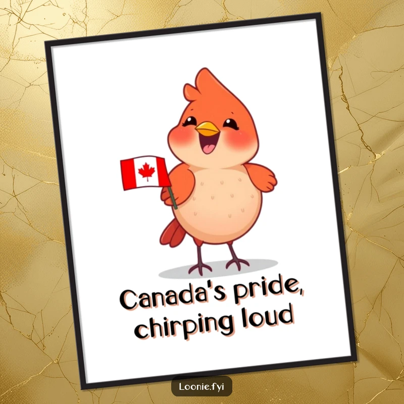 Funny Free Printable Wall Art: Delighted cardinal wearing a Canadian flag, perfect for humorous downloadable DIY home decor.